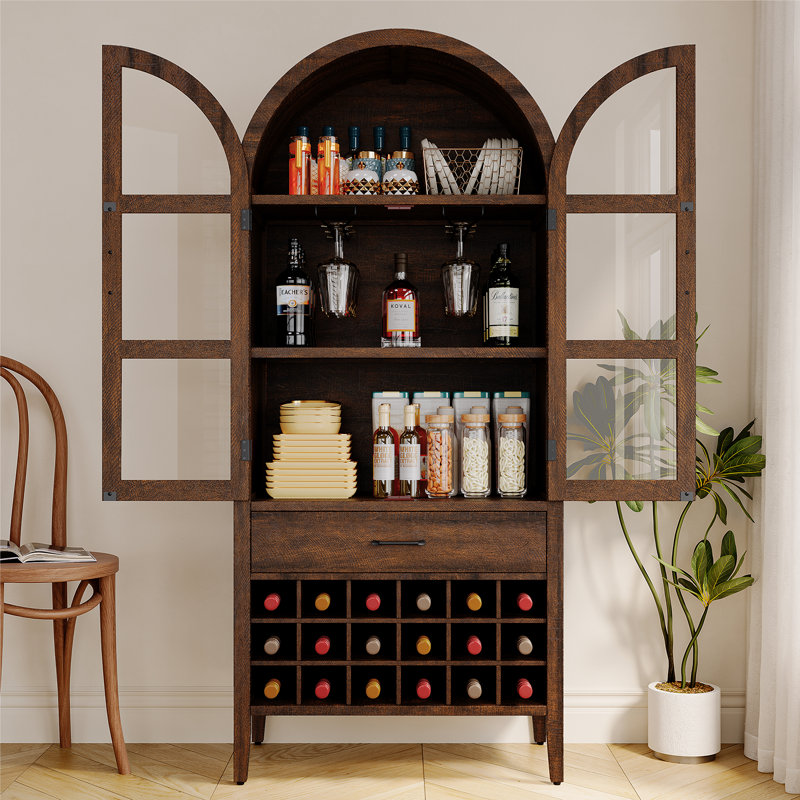 71" Arched Bar Cabinet With Detachable Wine Rack, Storage Cabinet, Farmhouse Bookcase, Brown