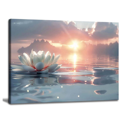 Zen White Lotus Wall Art Sunrise Meditation Canvas Wall Decor Spa Yoga Still Life Painting Prints Relaxing Spiritual Just Breathe Aesthetic Posters Pictures Modern Spiritual Inspiration Framed 16x24 inch