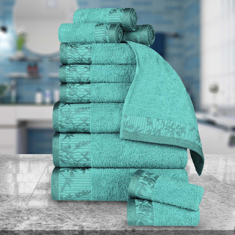 Carinna Cotton Medium Weight Floral Jacquard Border Assorted Bathroom Towel Set, Turquoise, 12 Piece Towel Set