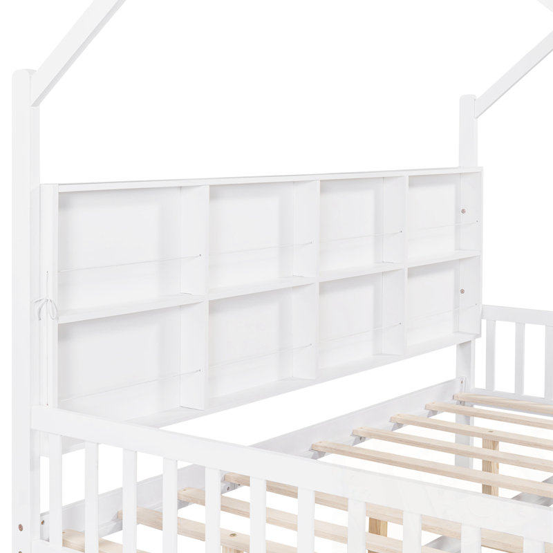 Lit double en bois avec lit gigogne et tablette, Lit double