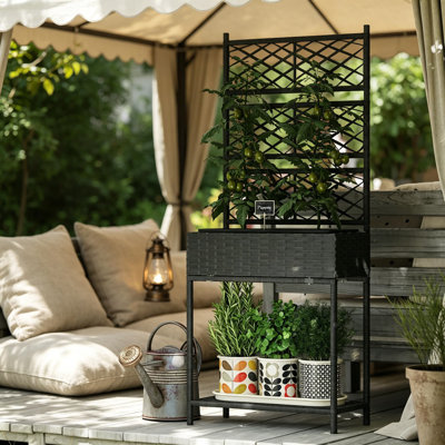 Raised Garden Bed With Trellis And Storage Shelf, Freestanding Wicker Planter Stand For Climbing Plants, Flowers, Herbs, And Vegetables