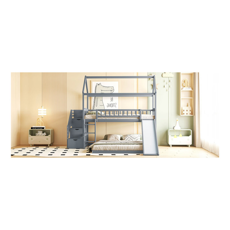 Lit simple superposé au dessus d'un lit double avec glissade, lit maison avec glissade, gris