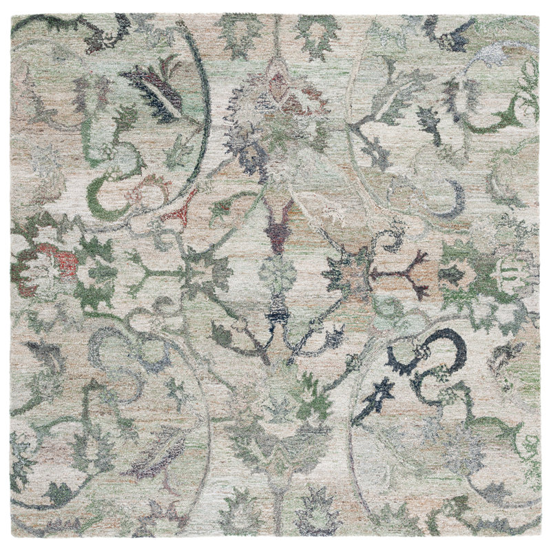 Tapis vert sauge / beige touffeté à la main Lineberger, Carré 8 pi