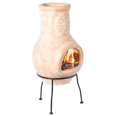 Outdoor Beige Clay Chiminea Outdoor Fireplace Sun Design Charcoal Burning Fire Pit with Sturdy Metal Stand -  Bungalow Rose, 0FF48DCE588C4109862BCC10334CBF07