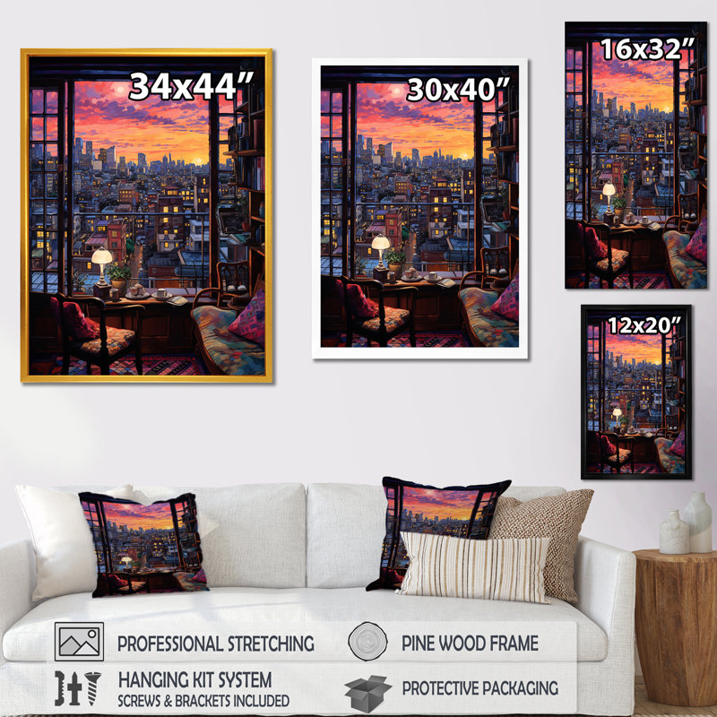 «Night In Tokyo Window View I - Japon», art mural, H 40 po x l 30 po x P 1,5 po, Toile tendue