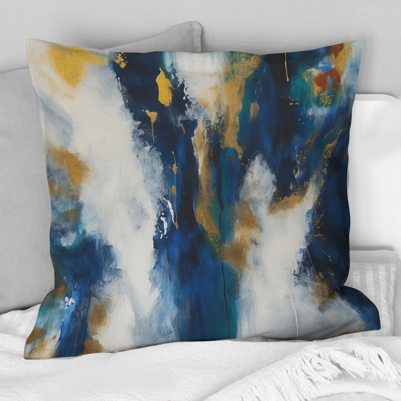 «Deep Knowing Abstract» en bleu royal et or V - Coussin décoratif avec peinture abstraite