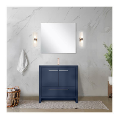 Ensemble de meuble-lavabo bleu marine l 36 po x P 20 po, plateau en marbre de culture, robinet en or rose et miroir de 28 po