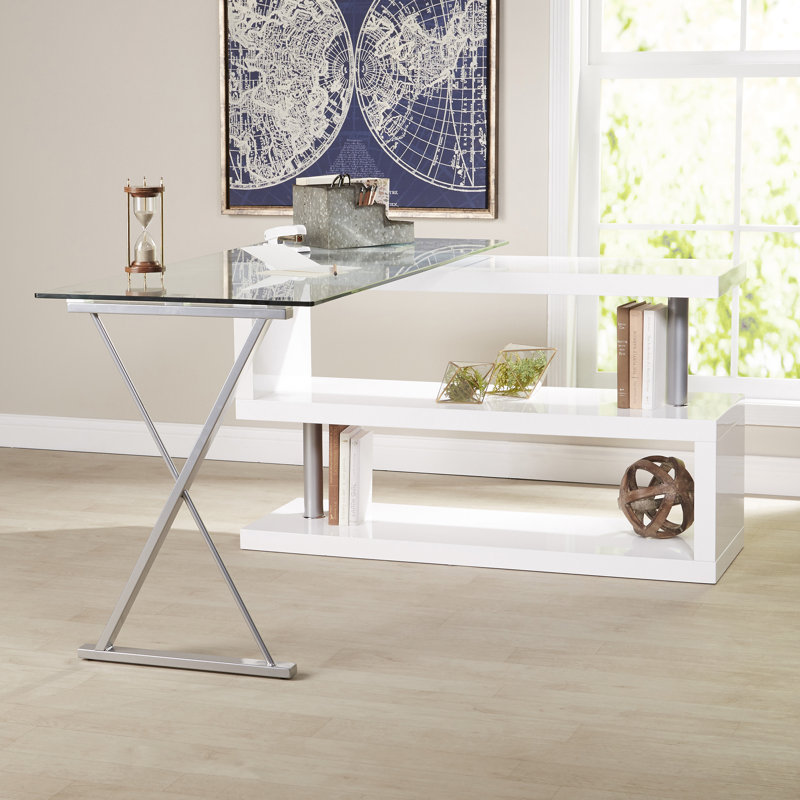 Folden L-Shaped Glass Top Computer Desk, White