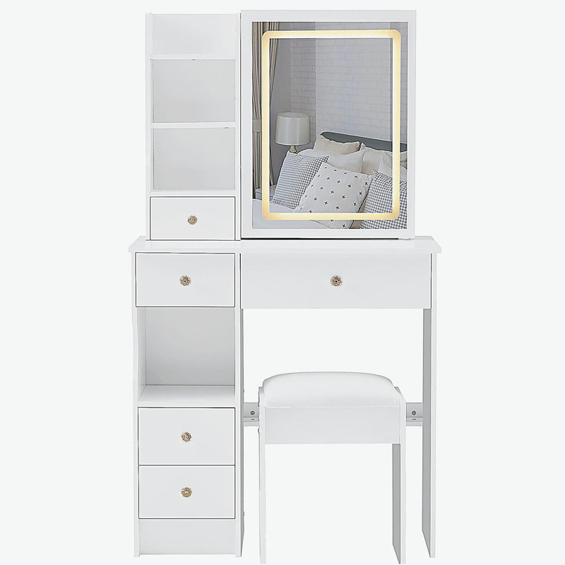 29.2" Small Size Left Drawer Desktop Vanity Table + Cushioned Stool, Large Sliding, Touch Control, Tri-color Switching, Brightness Adjust LED Mirror, High Capacity Storage, Suitable for Small Space