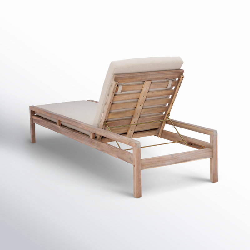 Amina Solid Acacia Wood Reclining Chaise Lounge with Cushion, Beige