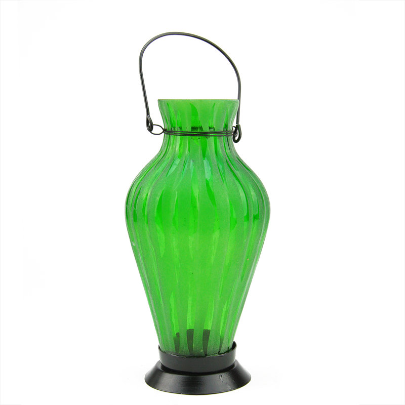 9.5" Frosted Ribbed Vase Glass Bottle Tea Light Candle Lantern Decoration, Green
