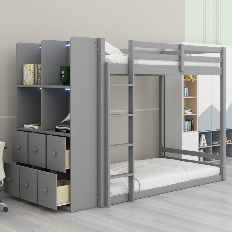 Lit superposé avec éclairage contrôlé par application, tiroirs de rangement réversibles et étagères ouvertes pour chambres d'enfants modernes