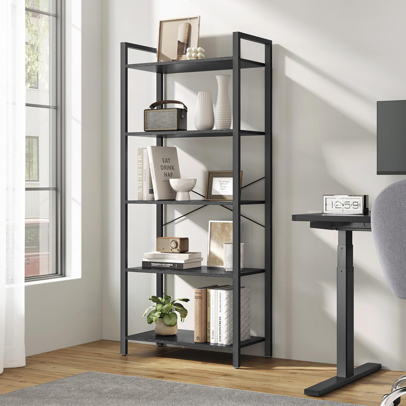 5 Tier Bookshelf in Industrial Style with Sturdy Steel Frame, Fit for Diverse Spaces, Ebony Black + Ink Black