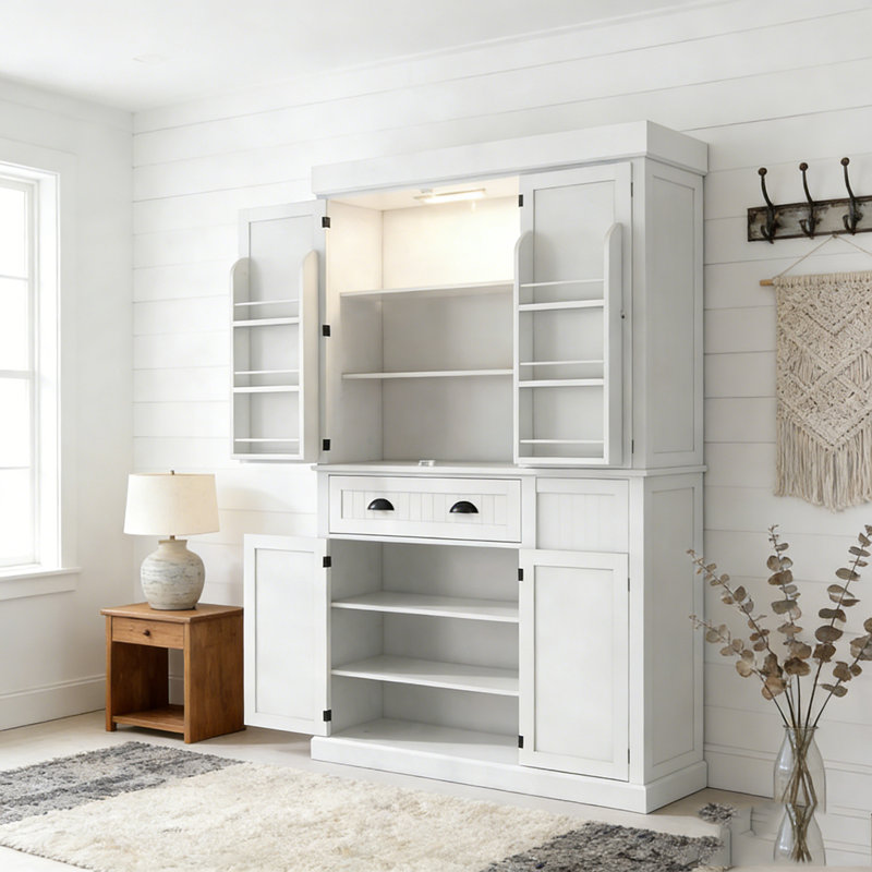 Armoire de cuisine avec lumières DEL, tablettes de porte, tiroir et tablettes réglables, White