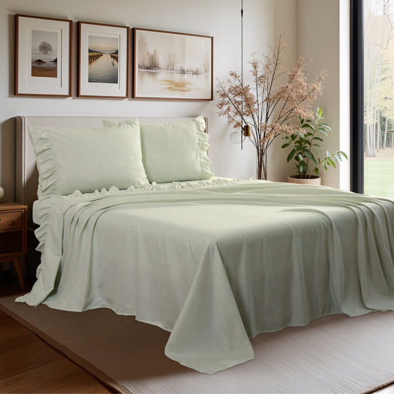 Shabby Chic Printed Pin Stripe Sheet Set, Green, Full