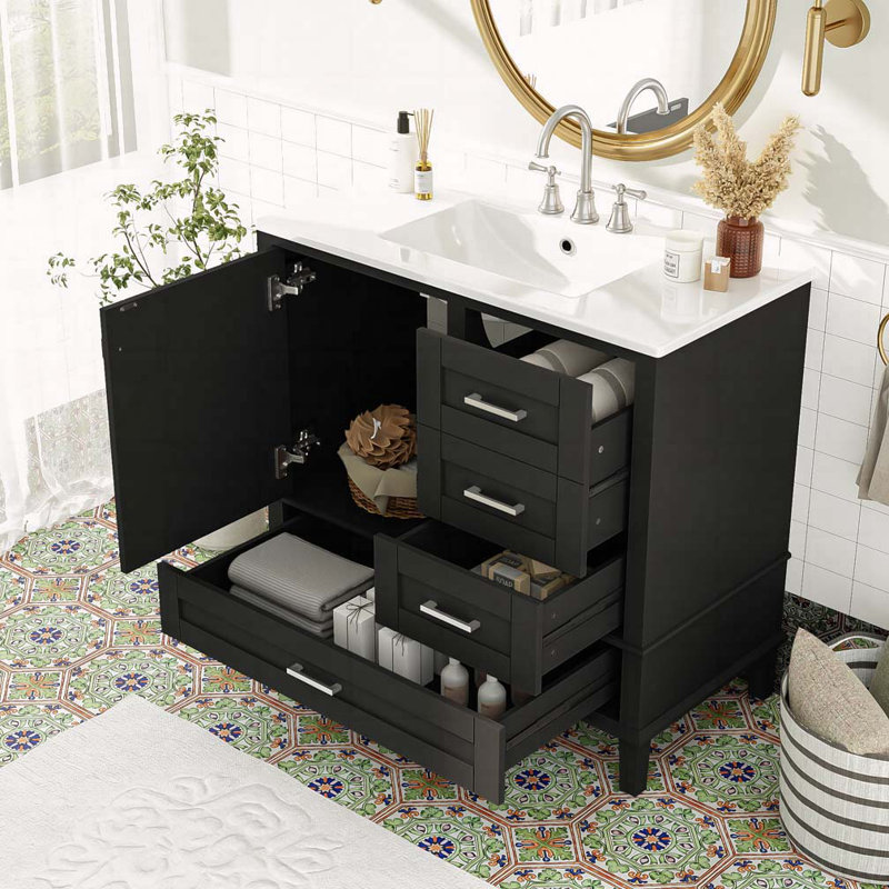 Meuble-lavabo moderne 36 po avec cadre en pin massif, 1 porte à fermeture douce et 3 tiroirs, armoire de rangement moderne