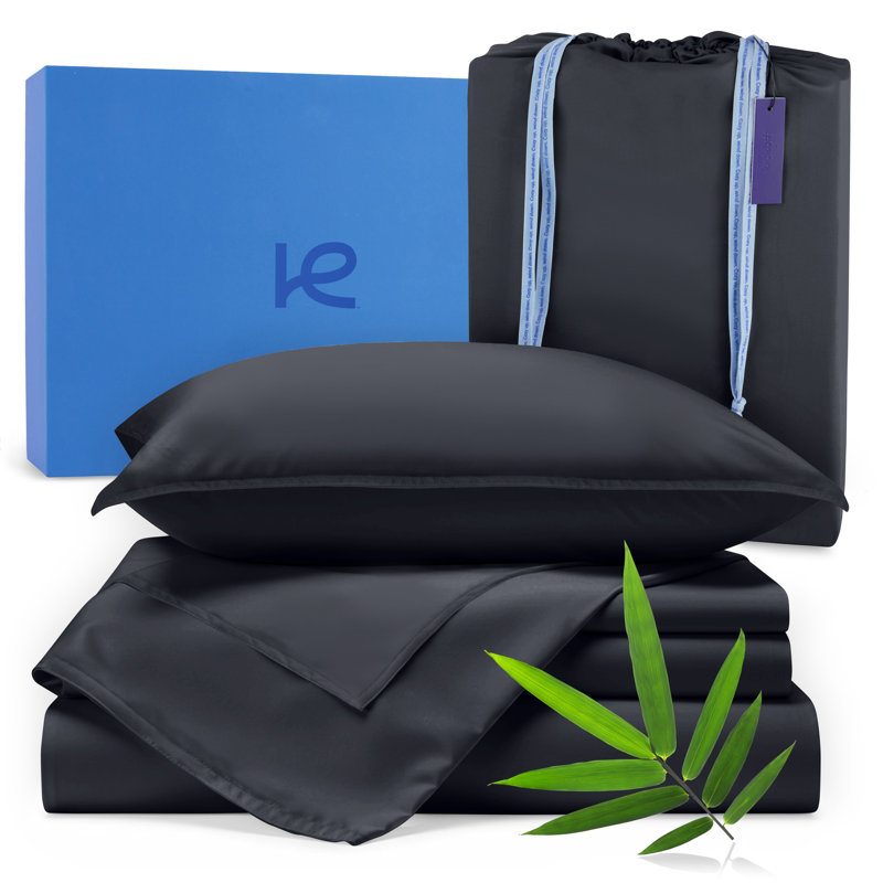 100% Organic Viscose From Bamboo Sheets Set, 300 Thread Count, 3-pc Set, Luxury Cooling Sheets, Deep Pockets - Gift-Ready Packaging, Twin Size (Deep Black)