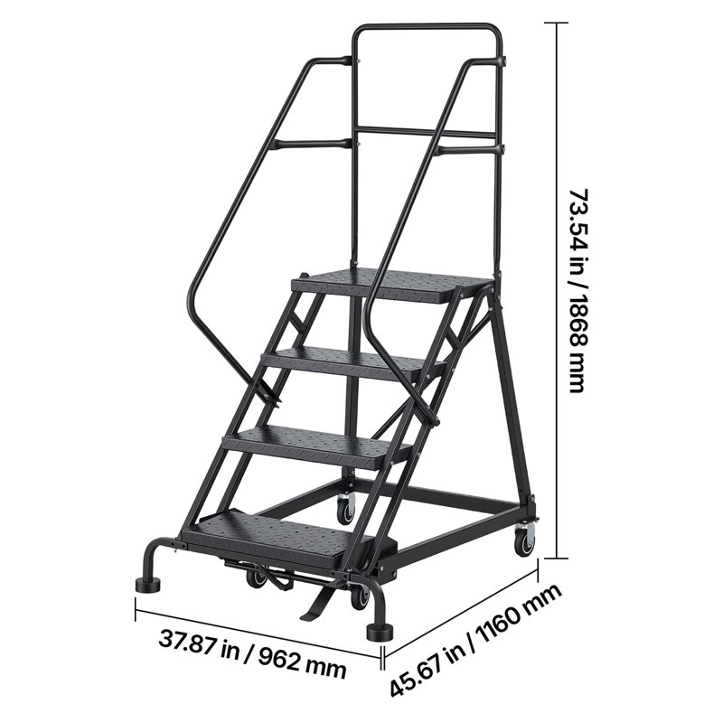 Échelle mobile à 4 marches pour entrepôt, échelle industrielle en acier avec rampes, marches perforées antidérapantes et roues verrouillables, capacité de 204 kg (450 lb) pour garage ou bibliothèque