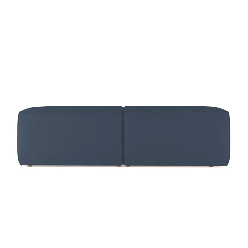 Varick Leather Sofa, Box Weave Linen Bluebell, Ebony