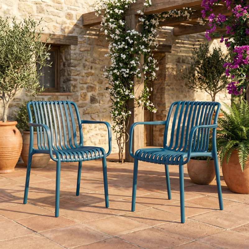 Cozyblock 2 X Outdoor Stackable Dining Chair, All-weather Plastic Patio Chair, Pool Side Chair, Modern Slatted Design For Balcony, Garden, Backyard, Indoor & Outdoor Use (armrest, Teal Blue)