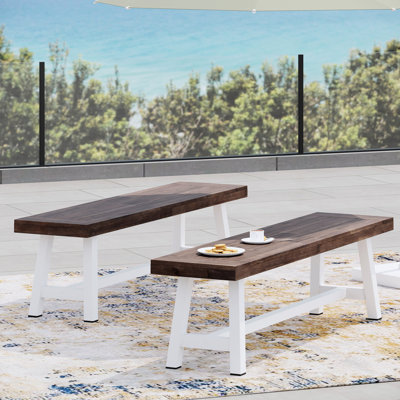 Bancs d'extérieur de 2, fabriqués en bois, avec une touche industrielle moderne, avec panneau à lattes, l 63 po x P 14,49 po et H 17,5 po, 2 bancs en bois