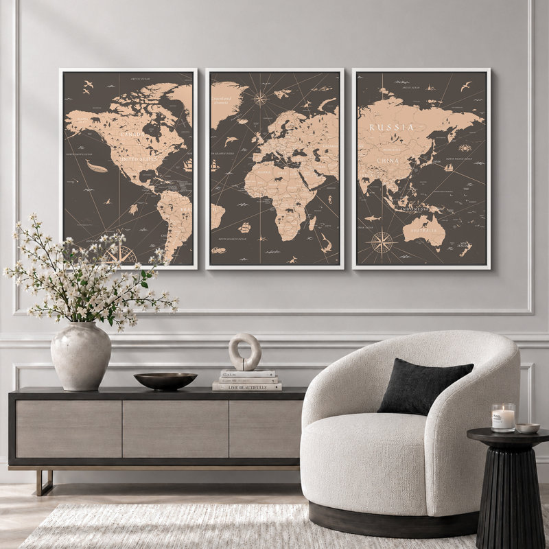 «World Map Sepia Global Country», ensemble de 3 reproductions sur toile, H 36 po x l 72 po, Reproduction avec cadre flottant