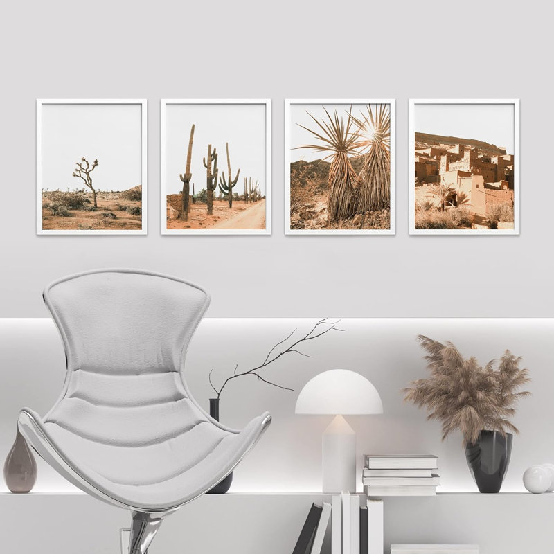 " Framed Desert Cactus Texas Arizona Set Of 4 Landscape Wall Decor Prints " 4 - Pieces, H 14 po x l 11 po x P 1 po, Blanc