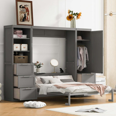 Grand lit escamotable mural avec placard, tiroirs et tablettes