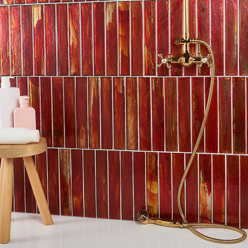 Komorebi Brick Bonfire Red 2X12 Subway Look Polished Glass Tile