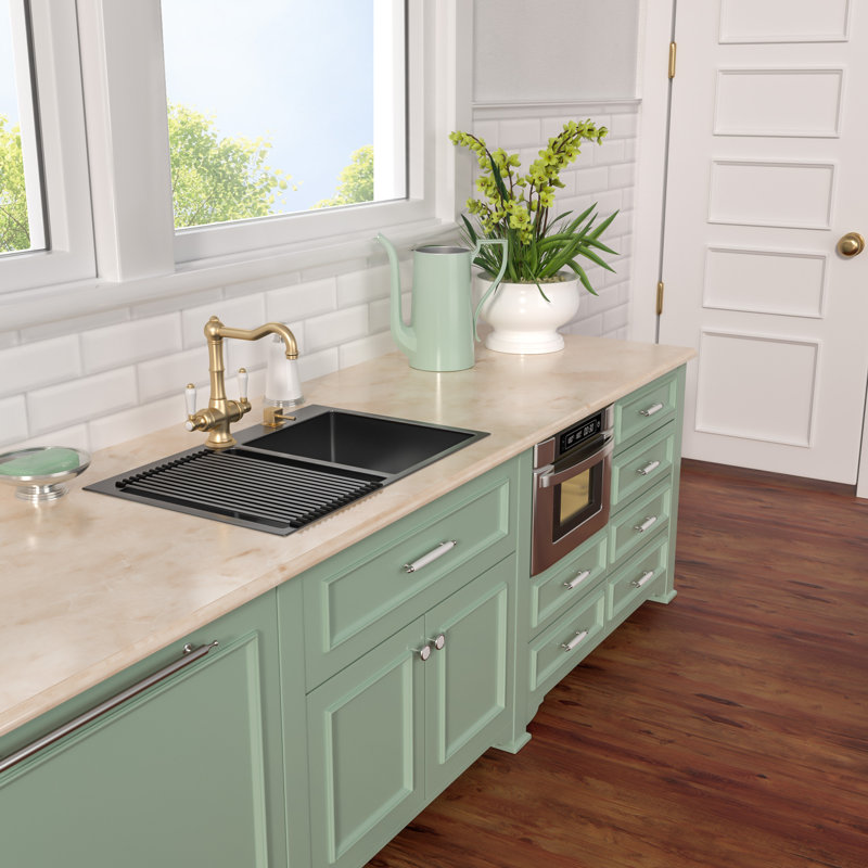 33" L x 22" W Drop-In Double Bowl Stainless Steel Kitchen Sink with One Faucet Hole, Gunmetal Black