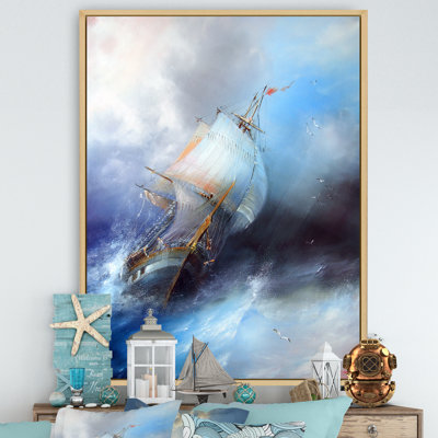 Vieille bataille de voilier dans une tempête - art nautique et côtier sur toile