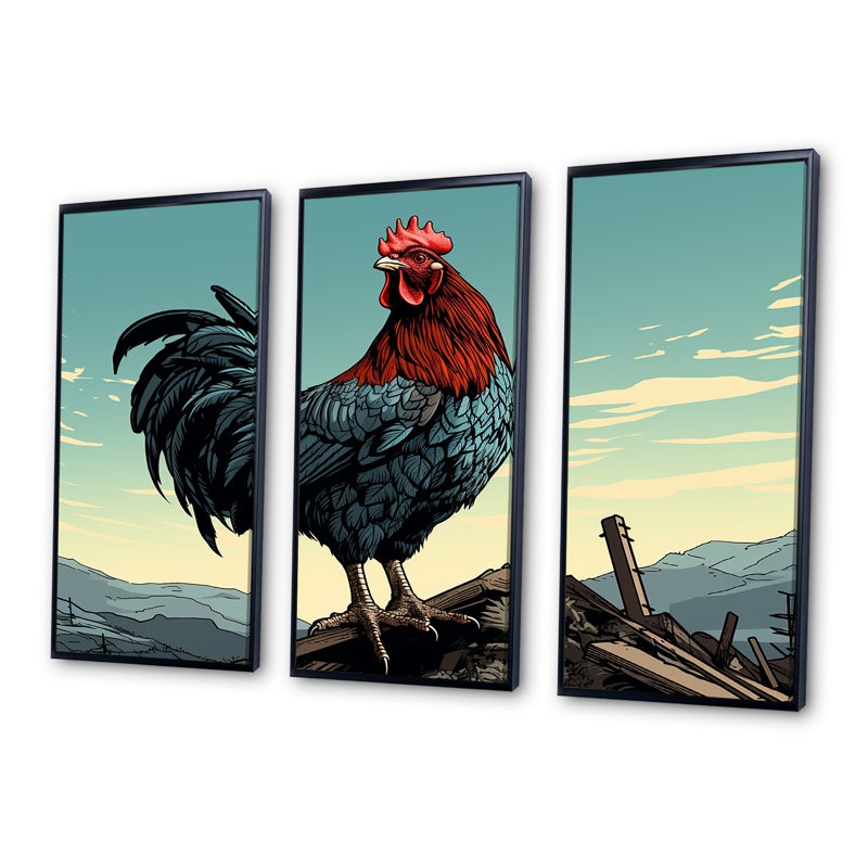 Coq à la ferme, lever de soleil, H 28 po x l 36 po, Cadre flottant noir