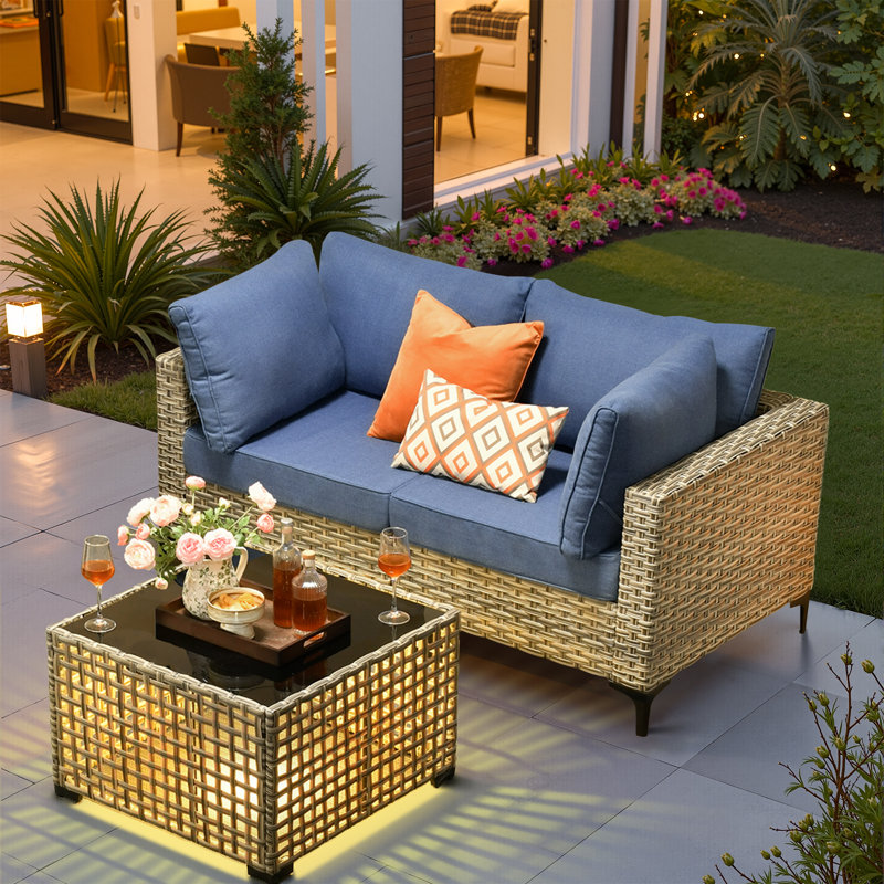 2-Person  Outdoor Sectional Loveseat Sofa With Cushions And Led Coffee Table ,All-Weather Wicker Patio Set, Blue