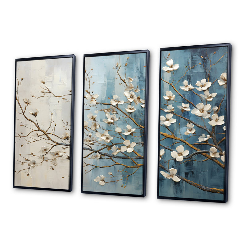 «Peacefulness White Blue Dogwood III», ensemble de reproductions d'art mural cornouiller, Cadre flottant noir