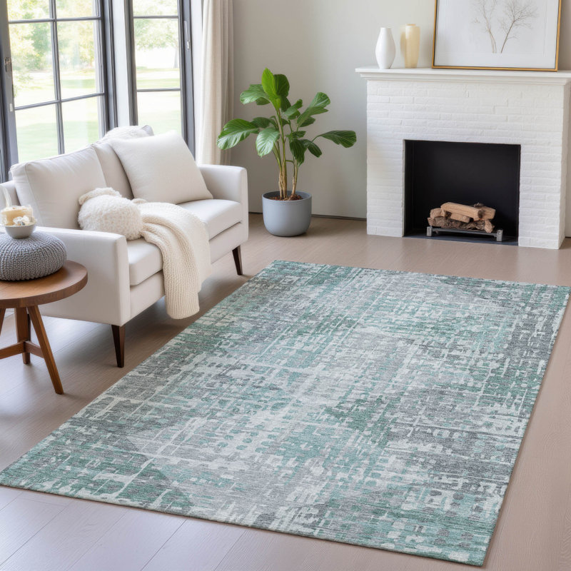 Tapis bleu sarcelle lavable à la machine intérieur / extérieur Xhevrie, Rectangle 10 pi x 14 pi