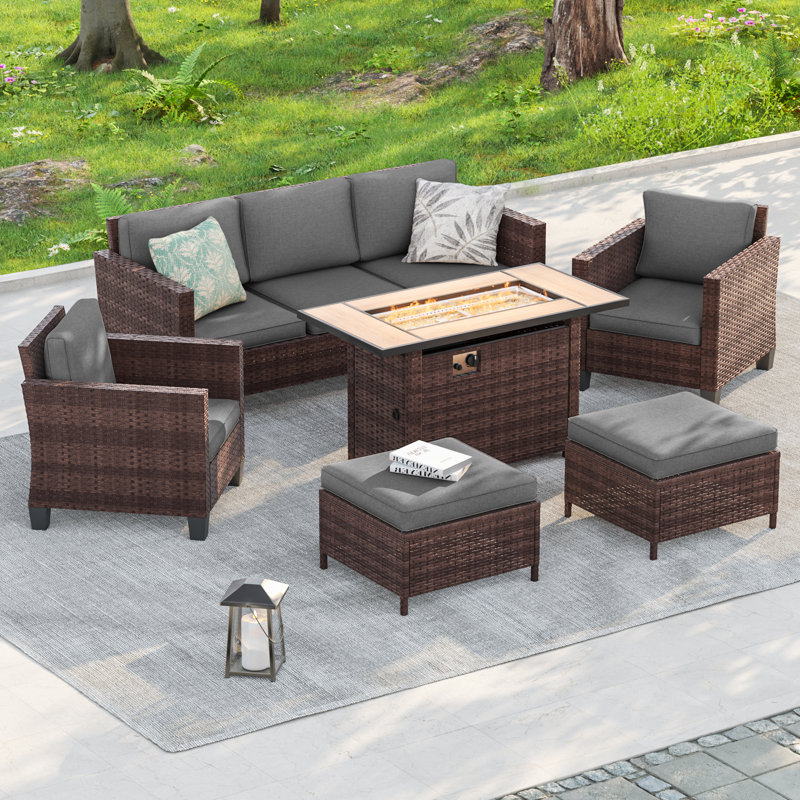 6 Piece Patio Conversation Set with Rectangular Fire Pit Table, Gray