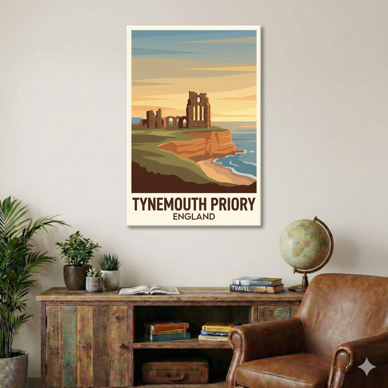 Tynemouth Priory, England - Romantic Clifftop Travel Poster of the North East Coast. Giclee Print on Wrapped Canvas. Wall Art, Home Decor - Religious & Cultural Sites, England 1 Piece Wrapped Canvas Wall Art