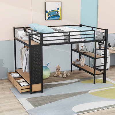 2 Drawers Metal Loft Bed With Open Wardrobe, Shelves And Pegboard