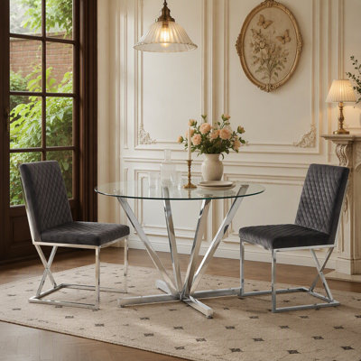 Table de salle à manger ronde de 45,27 po, table de salle à manger en verre trempé avec pieds en métal, table de salle à manger moderne pour la cuisine, le salon, assemblage facile