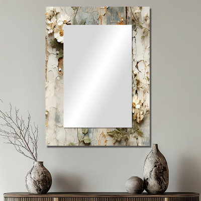 Alinna Vintage Beige Floral Countryhome Charm - Floral Unique Wall Mirror, Cottage Mirror, Printed Metal Art