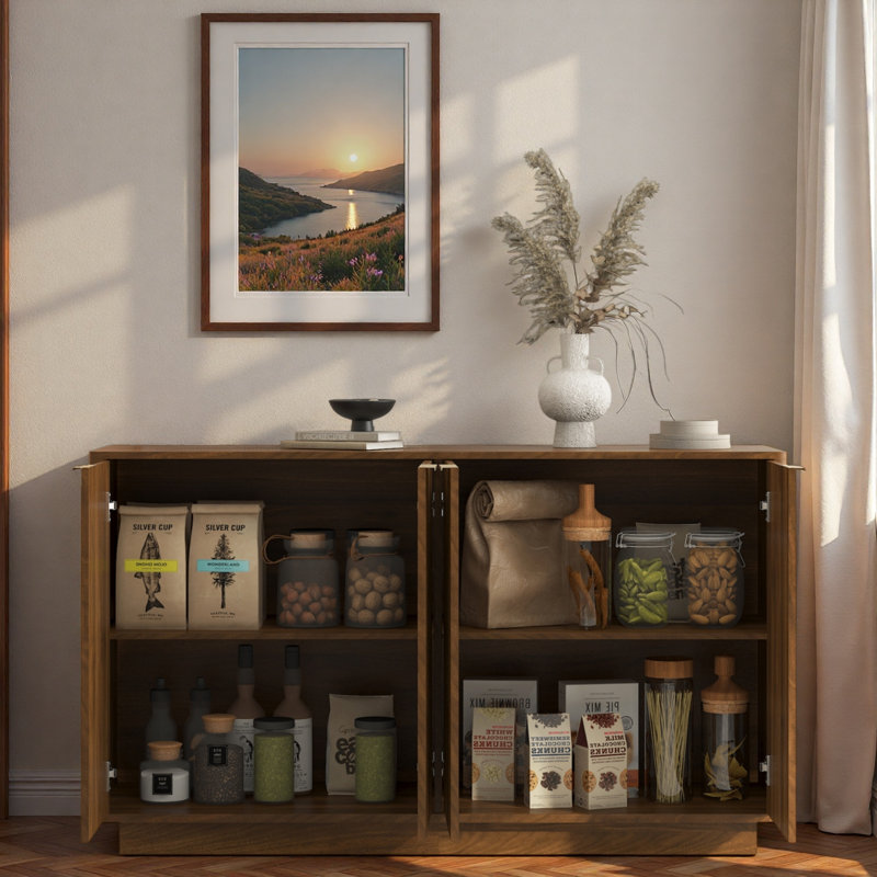 Modern Fluted Sideboard With Adjustable Shelves And Metal Handles, Walnut
