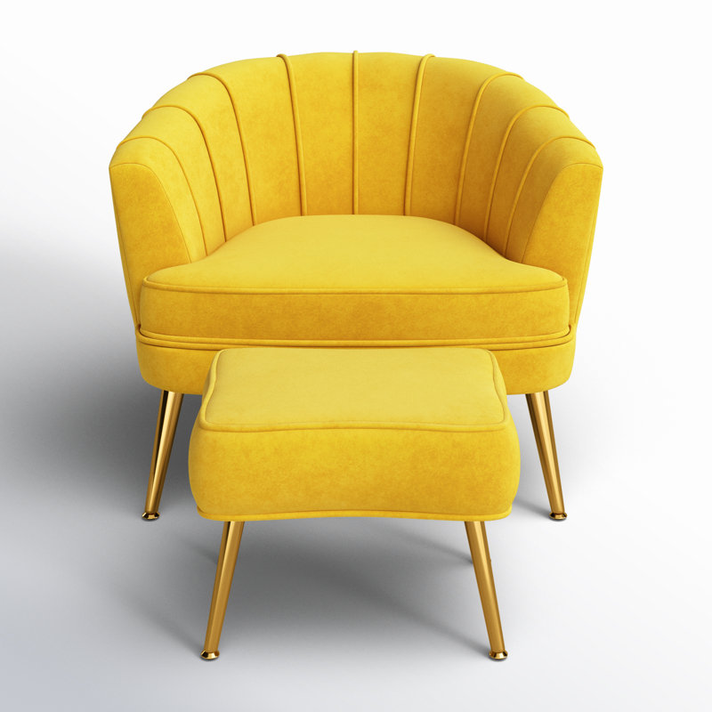 Latonia 26" Wide Barrel Chair and Ottoman, Yellow Velvet