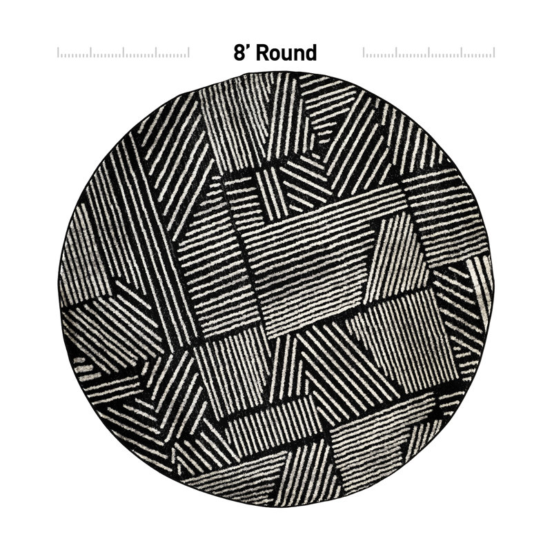 Tapis géométrique noir / ivoire Rambo, Rond 7 pi 10 po, Black