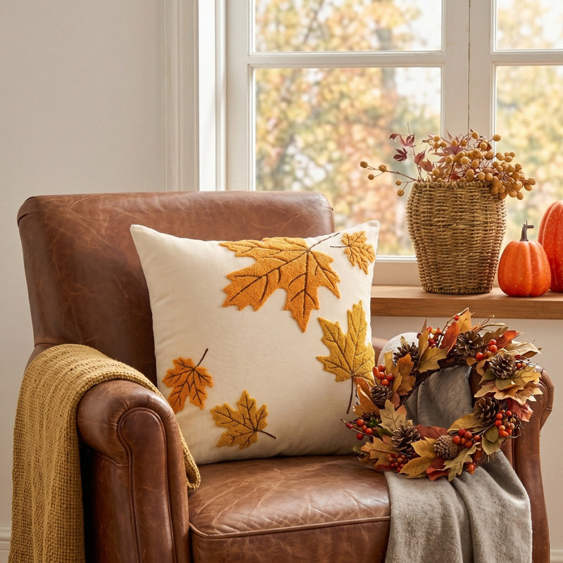 Thanksgiving Decor Throw Pillow Cover With Fall Maple Leaf And Pumpkin Pattern