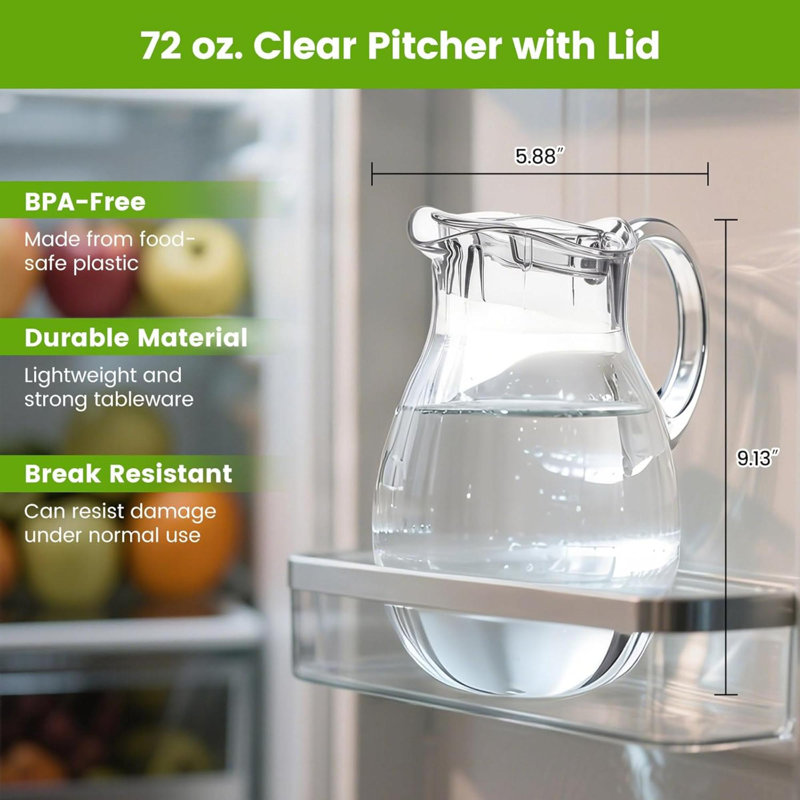 Pichet en plastique transparent avec couvercle Pichet à eau Tritan avec poignée Pichet pour réfrigérateur Sans BPA, parfait pour le thé glacé, jus de limonade, sangria, lait, etc.