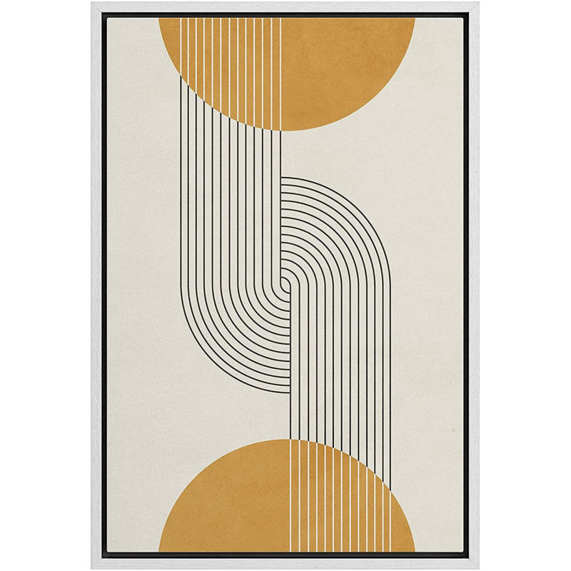 Mid-Century moderne, Boho, dessin au trait foncé, illusions avec sphères jaunes - impression sur toile, L 16 po x H 24 po