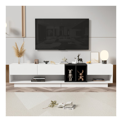Meuble télé élégant et élégant avec solution de rangement parfaite, console multimédia à deux tons pour téléviseur de 80 po ou moins, meuble télé fonctionnel avec compartiment polyvalent pour le salon, blanc