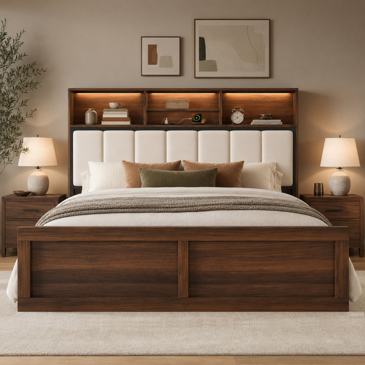 17 Stories Bed Frame With Velvet Upholstered Headboard, Built In Charging Station And Led (Queen)
