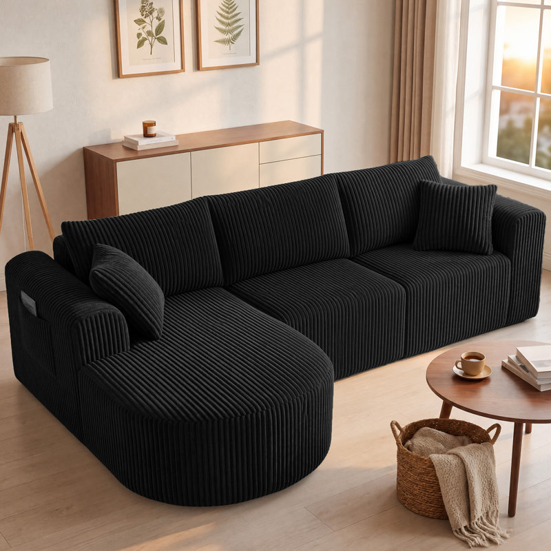 3 Seater Fabric Corner Sectional, Black, Left