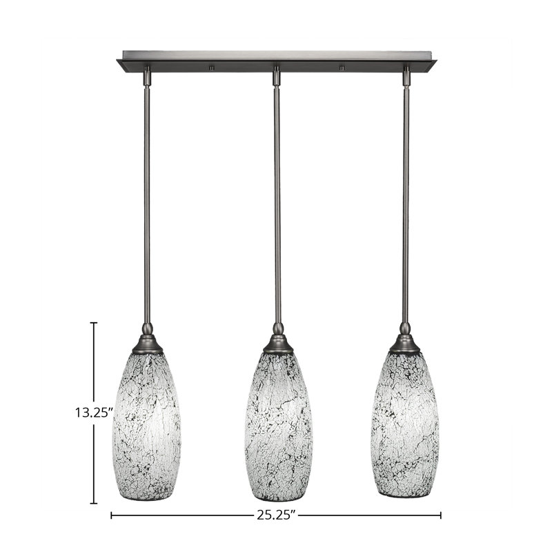 3 Light Stem Hung Linear Pendalier Shown In Brushed Nickel Finish With Black Fusion Glass, 13.25" H x 25.25" W x 5.5" D